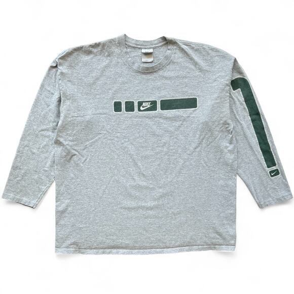 Vintage Y2k Nike Gray Green Bar Graphic Sleeve Swoosh Logo T-Shirt Silver Tag